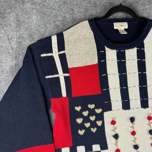 Vintage Hunters Run Sweater Womens Medium Patchwork Americana USA Flag Grandma - Picture 7 of 16